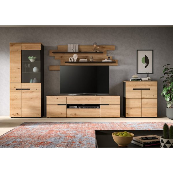Home affaire Wohnwand REHAT, 4-teilig, Breite 375 cm, individuell stellbar, (4-St., Set bestehend aus: Vitrine, Lowboard, Wandboard und Kommode), Kombination, A