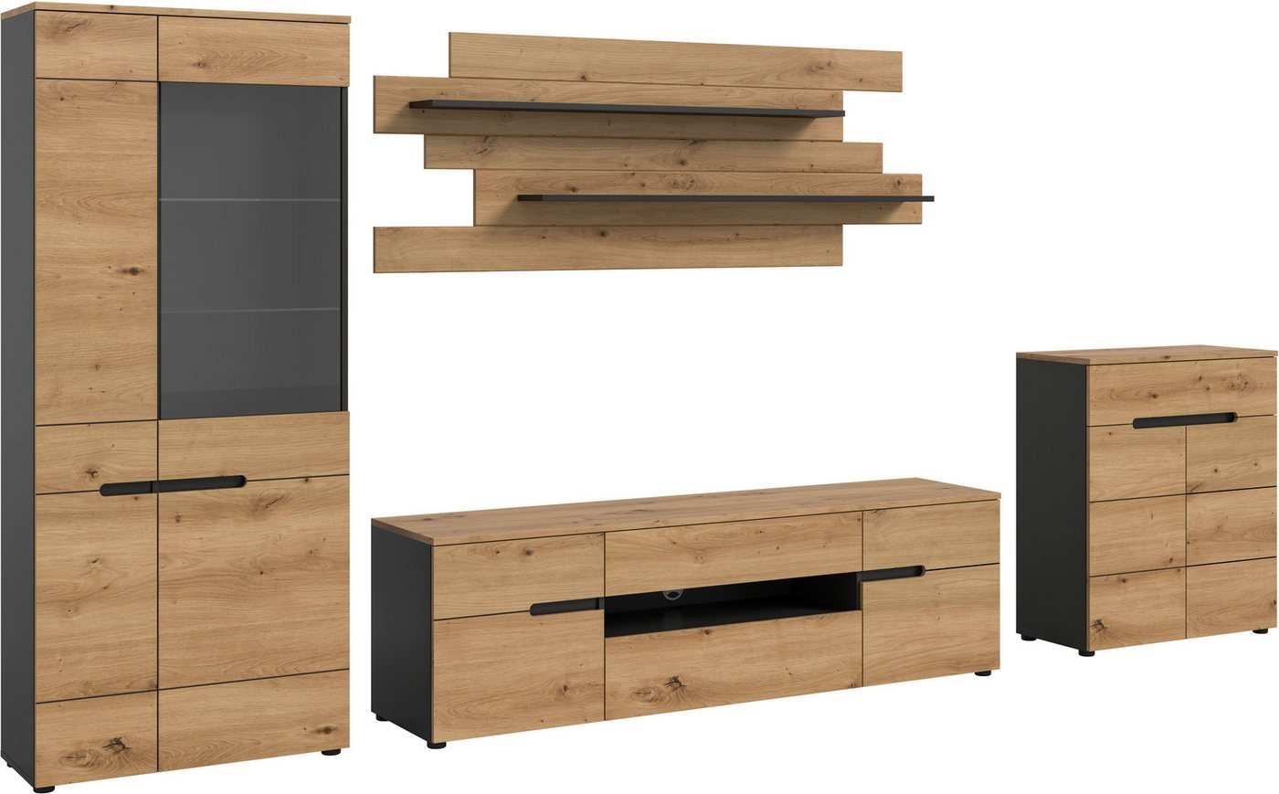 Home affaire Wohnwand REHAT, 4-teilig, Breite 375 cm, individuell stellbar, (4-St., Set bestehend aus: Vitrine, Lowboard, Wandboard und Kommode), Kombination, A – Bild 2 von 5