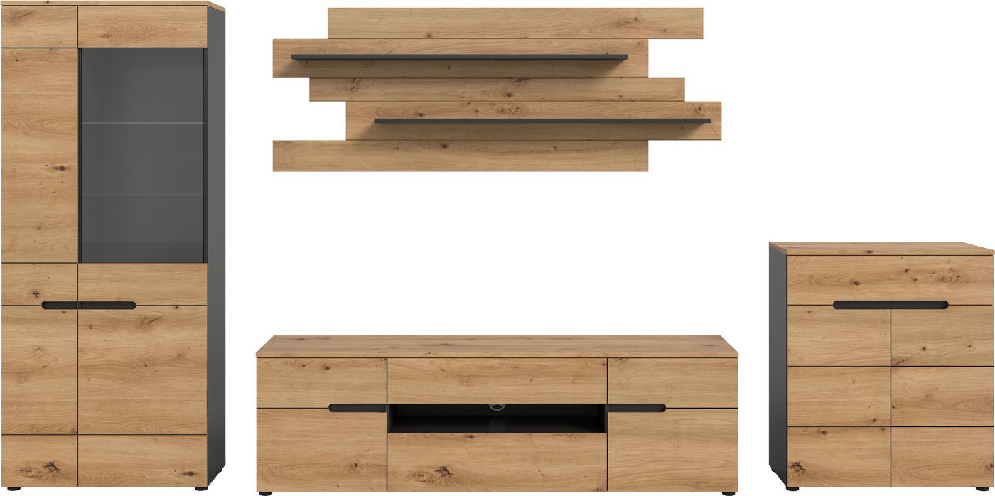 Home affaire Wohnwand REHAT, 4-teilig, Breite 375 cm, individuell stellbar, (4-St., Set bestehend aus: Vitrine, Lowboard, Wandboard und Kommode), Kombination, A – Bild 3 von 5
