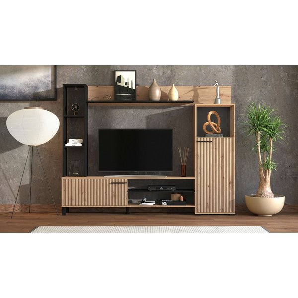 Home affaire Wohnwand Retimno, inkl. Highboard, TV-Board, Standregal und Wandregal, (Komplett-Set, 4-St), 208 cm, Trendfarben, mit dekorativen schwarzen Streife