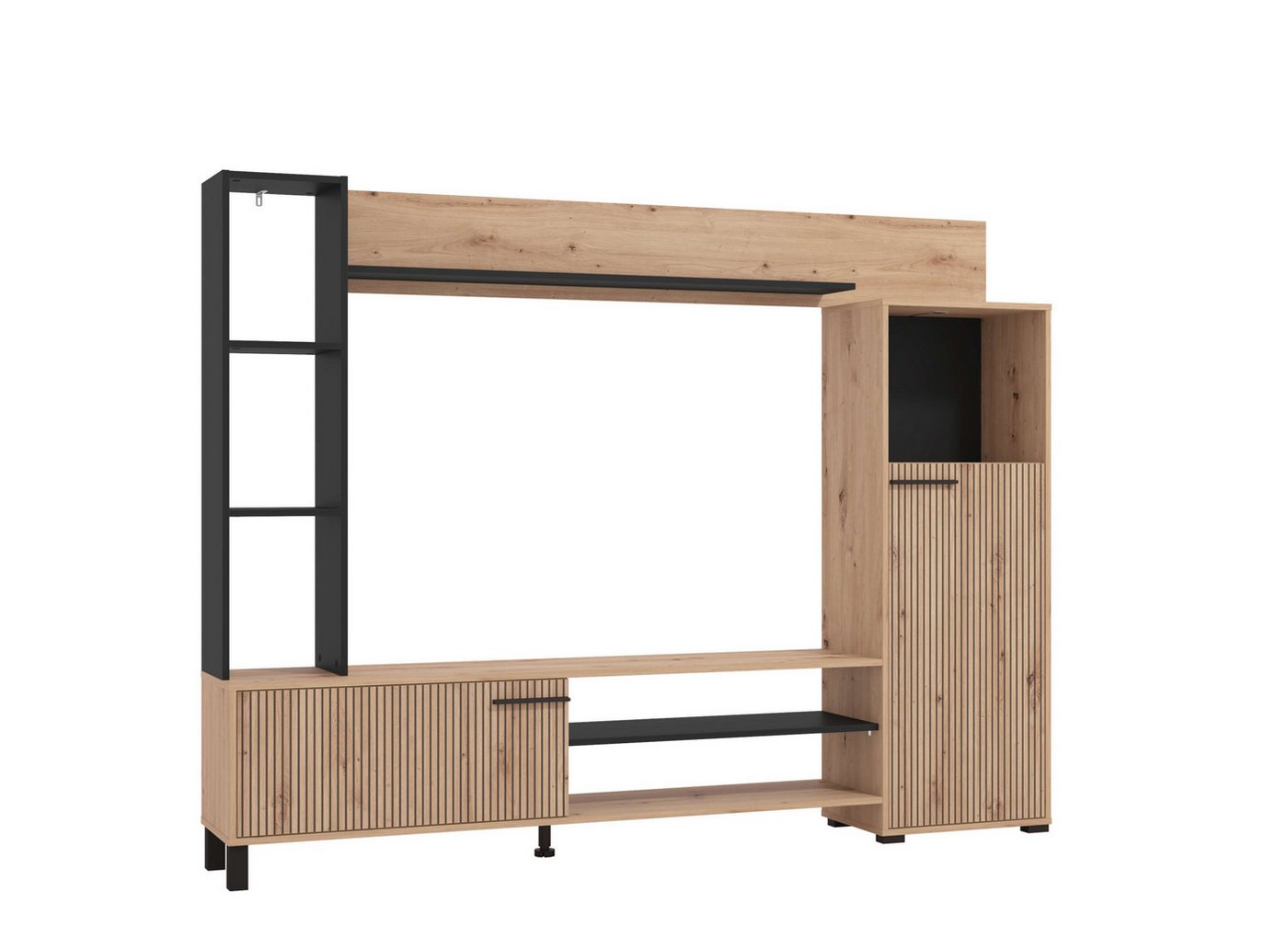 Home affaire Wohnwand Retimno, inkl. Highboard, TV-Board, Standregal und Wandregal, (Komplett-Set, 4-St), 208 cm, Trendfarben, mit dekorativen schwarzen Streife – Bild 2 von 5