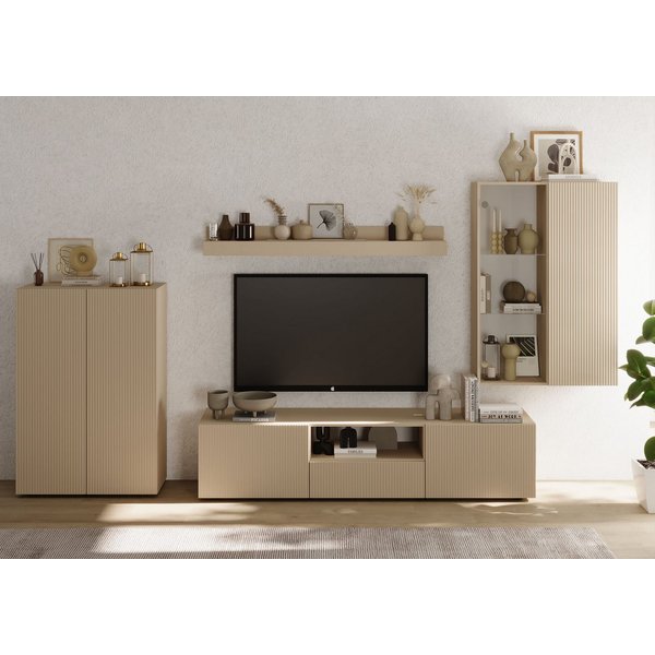 Home affaire Wohnwand Rio, 4tlg. Breite 300 cm, modernes, elegantes Wohnzimmer-Set, (4-St), (Lowboard, Highboard, Hängevitrine, Wandboard), MDF-Fronten geriffel