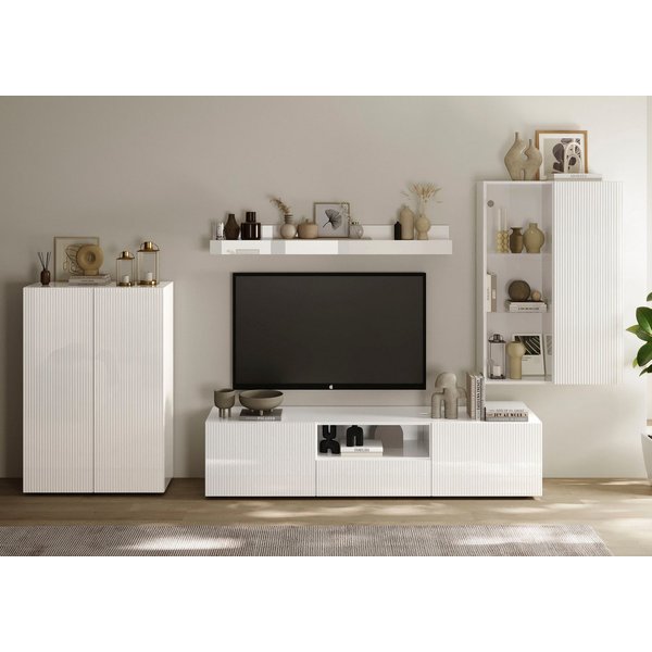 Home affaire Wohnwand Rio, 4tlg. Breite 300 cm, modernes, elegantes Wohnzimmer-Set, (4-St), (Lowboard, Highboard, Hängevitrine, Wandboard), MDF-Fronten geriffel