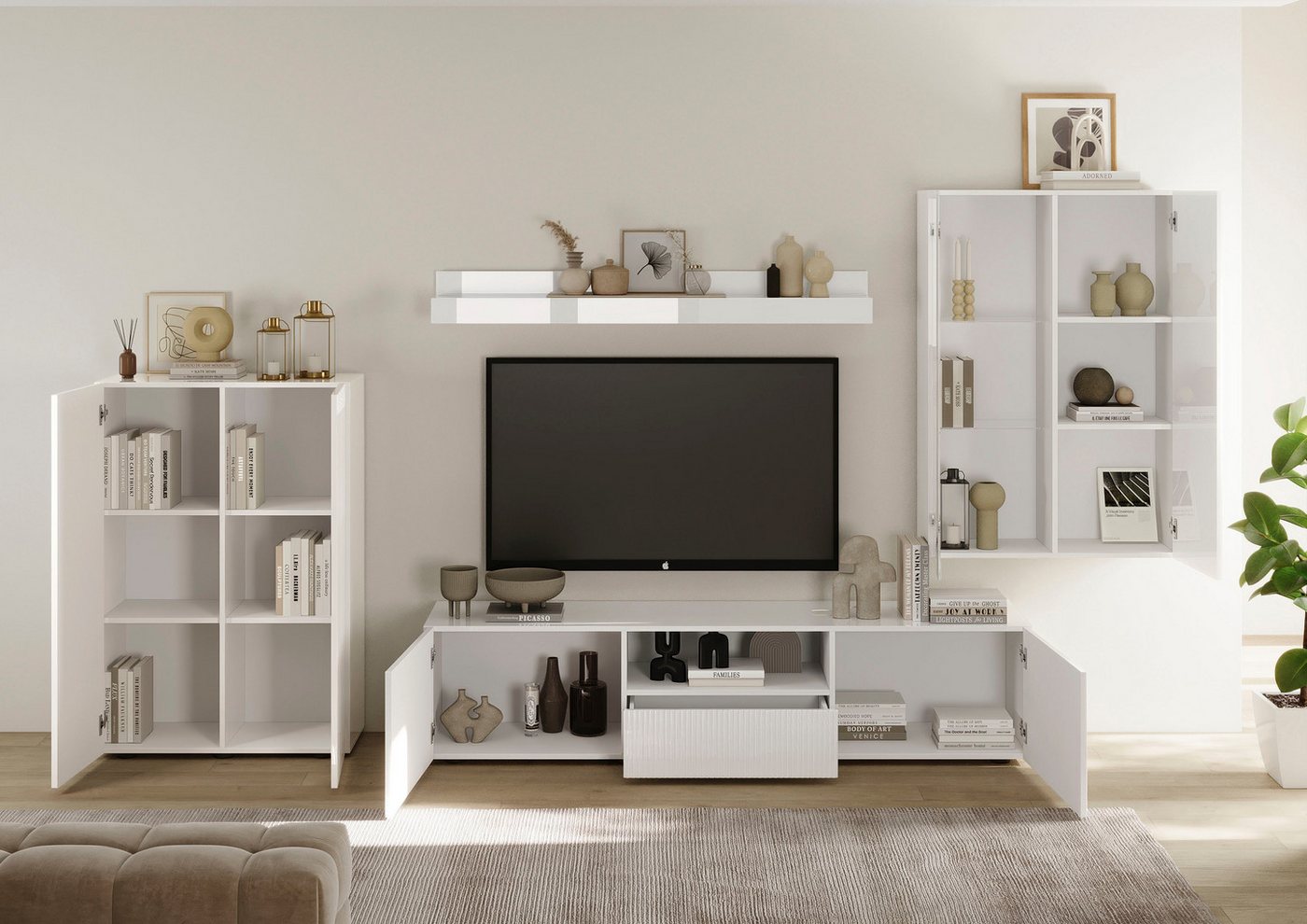 Home affaire Wohnwand Rio, 4tlg. Breite 300 cm, modernes, elegantes Wohnzimmer-Set, (4-St), (Lowboard, Highboard, Hängevitrine, Wandboard), MDF-Fronten geriffel – Bild 2 von 5
