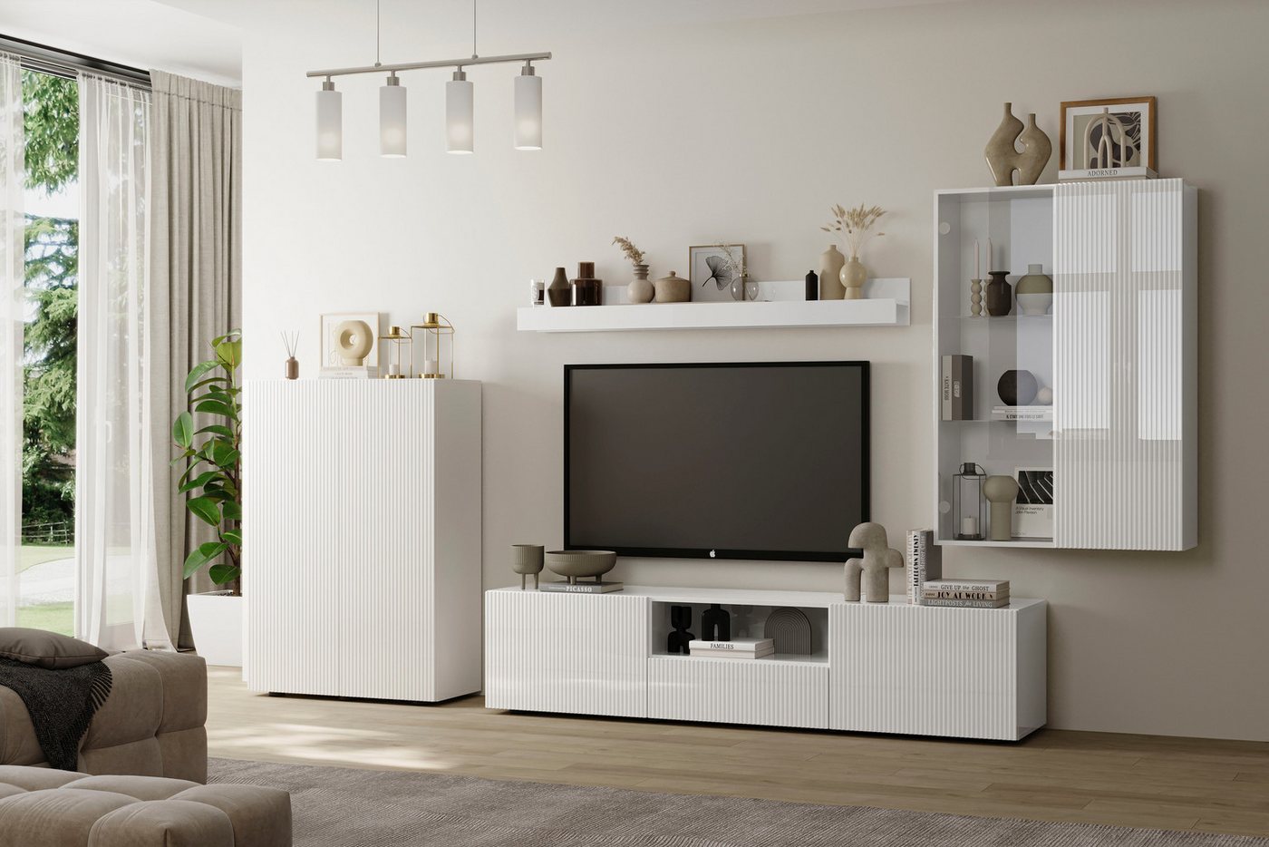 Home affaire Wohnwand Rio, 4tlg. Breite 300 cm, modernes, elegantes Wohnzimmer-Set, (4-St), (Lowboard, Highboard, Hängevitrine, Wandboard), MDF-Fronten geriffel – Bild 3 von 5