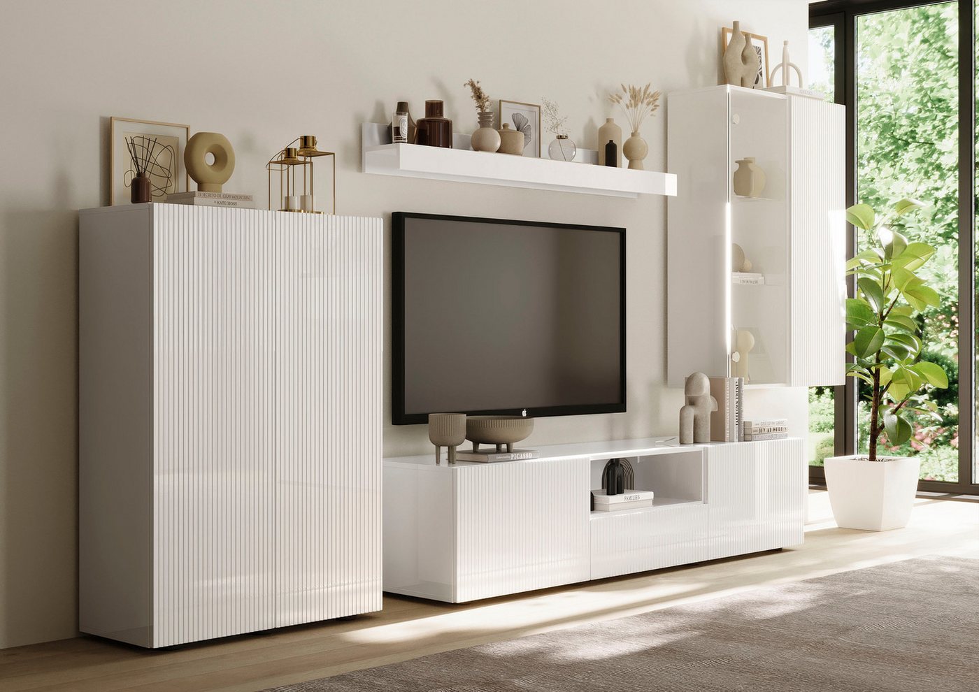 Home affaire Wohnwand Rio, 4tlg. Breite 300 cm, modernes, elegantes Wohnzimmer-Set, (4-St), (Lowboard, Highboard, Hängevitrine, Wandboard), MDF-Fronten geriffel – Bild 4 von 5