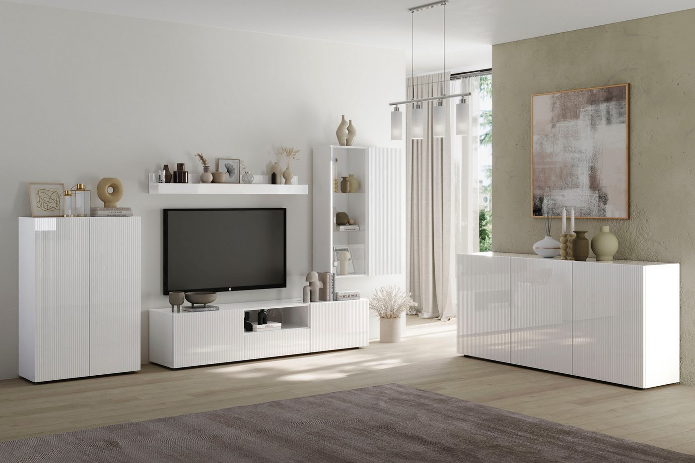 Home affaire Wohnwand Rio, 4tlg. Breite 300 cm, modernes, elegantes Wohnzimmer-Set, (4-St), (Lowboard, Highboard, Hängevitrine, Wandboard), MDF-Fronten geriffel – Bild 5 von 5