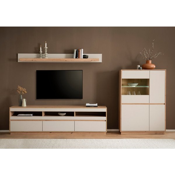 Home affaire Wohnwand Sonora, moderne Anbauwand, Komplettset in Kaschmir/Eiche, (Komplett-Set, 3-St), enthält Vitrine, Lowboard und Wandboard, 292 cm breit