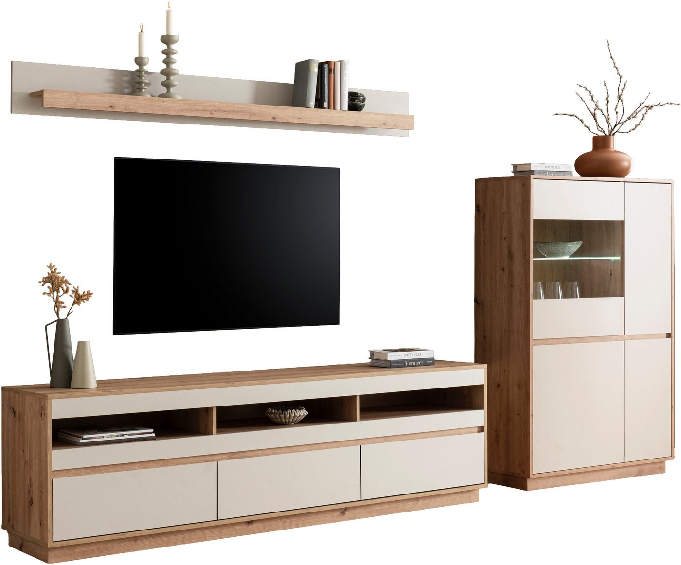 Home affaire Wohnwand Sonora, moderne Anbauwand, Komplettset in Kaschmir/Eiche, (Komplett-Set, 3-St), enthält Vitrine, Lowboard und Wandboard, 292 cm breit – Bild 3 von 5