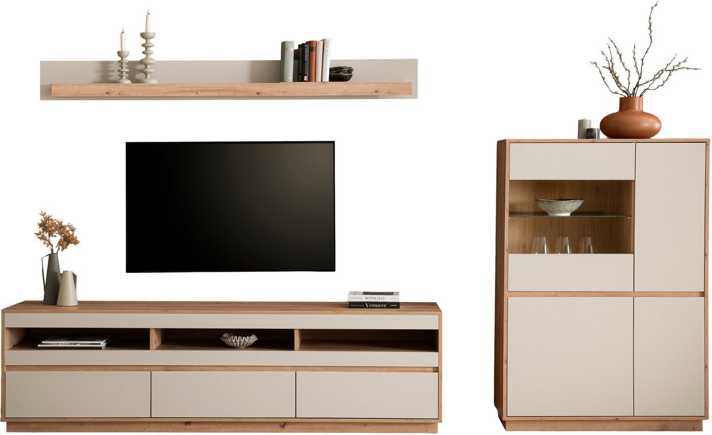 Home affaire Wohnwand Sonora, moderne Anbauwand, Komplettset in Kaschmir/Eiche, (Komplett-Set, 3-St), enthält Vitrine, Lowboard und Wandboard, 292 cm breit – Bild 4 von 5