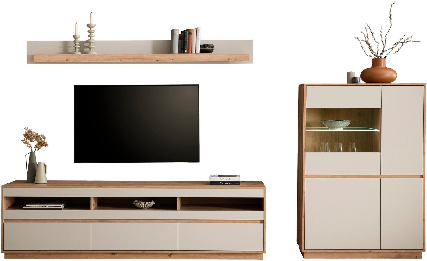 Home affaire Wohnwand Sonora, moderne Anbauwand, Komplettset in Kaschmir/Eiche, (Komplett-Set, 3-St), enthält Vitrine, Lowboard und Wandboard, 292 cm breit – Bild 5 von 5