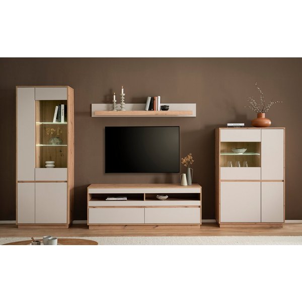 Home affaire Wohnwand Sonora, moderne Anbauwand, Komplettset in Kaschmir/Eiche, (Komplett-Set, 4-St), enthält Vitrinen, Lowboard und Wandboard, 342 cm breit