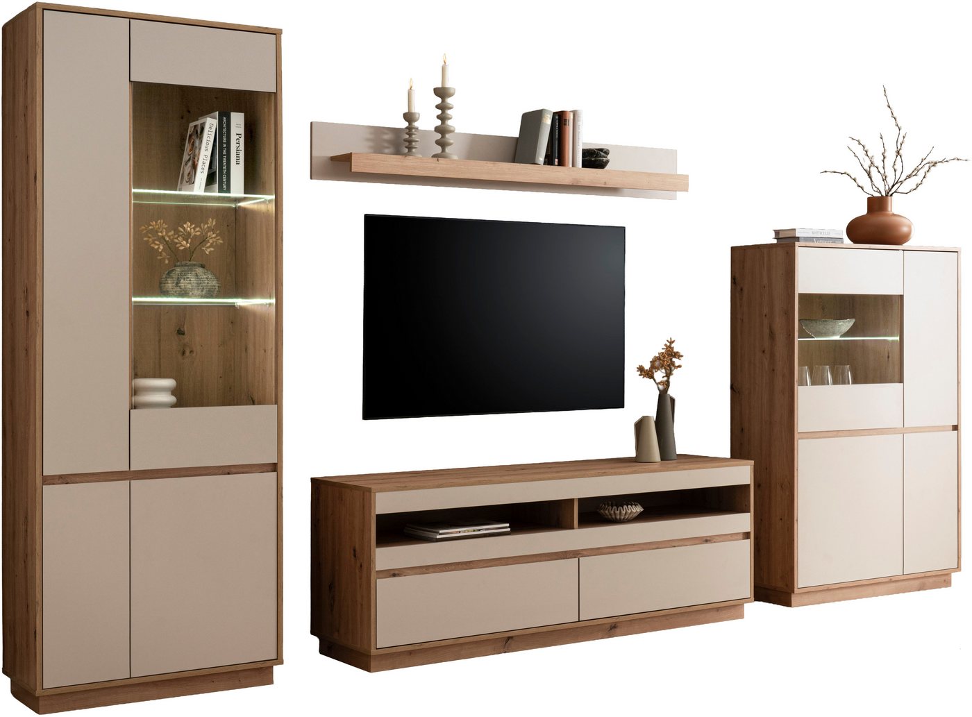 Home affaire Wohnwand Sonora, moderne Anbauwand, Komplettset in Kaschmir/Eiche, (Komplett-Set, 4-St), enthält Vitrinen, Lowboard und Wandboard, 342 cm breit – Bild 2 von 5