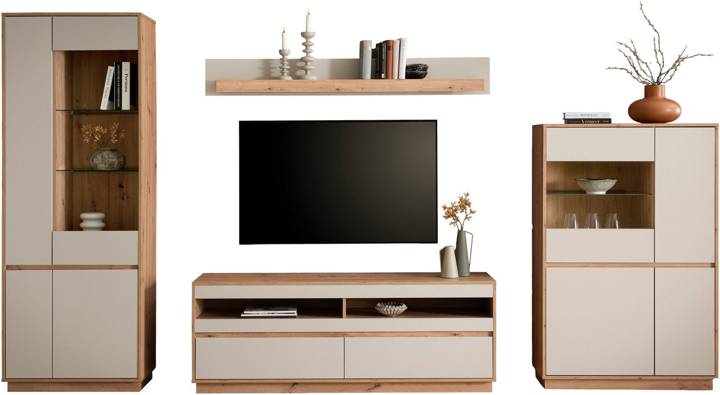 Home affaire Wohnwand Sonora, moderne Anbauwand, Komplettset in Kaschmir/Eiche, (Komplett-Set, 4-St), enthält Vitrinen, Lowboard und Wandboard, 342 cm breit – Bild 4 von 5