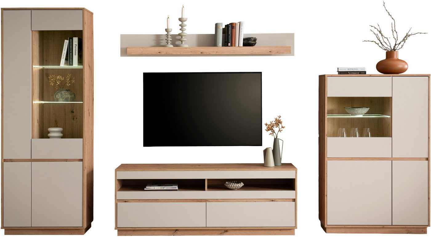 Home affaire Wohnwand Sonora, moderne Anbauwand, Komplettset in Kaschmir/Eiche, (Komplett-Set, 4-St), enthält Vitrinen, Lowboard und Wandboard, 342 cm breit – Bild 5 von 5