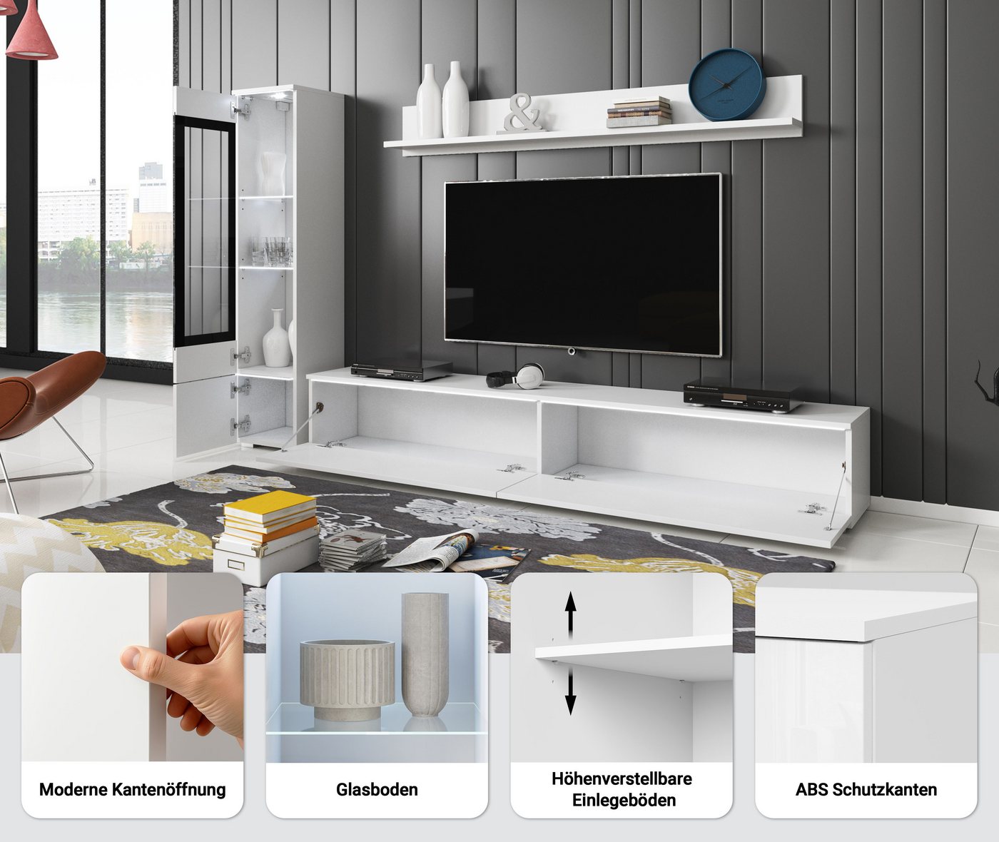 Home affaire Wohnwand VERA I, Vitrinen Türanschlag links/rechts wechselbar, (Komplett-Set, 3-St), Mediawand 230 cm, Vitrine mit Verglasung, stehend und hängend – Bild 5 von 5