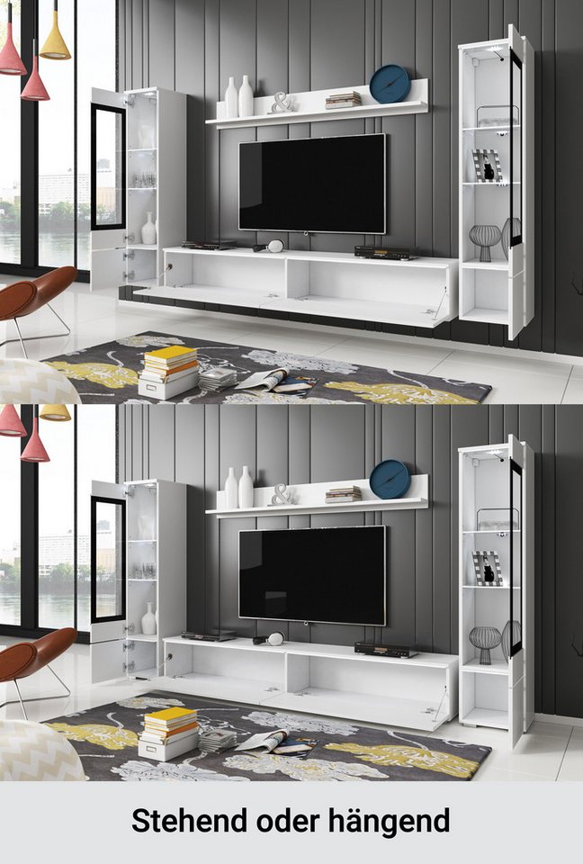 Home affaire Wohnwand VERA II, Vitrinen Türanschlag wechselbar, (Komplett-Set, 4-St), Mediawand 260 cm, Vitrine mit Verglasung, stehend und hängend – Bild 3 von 5