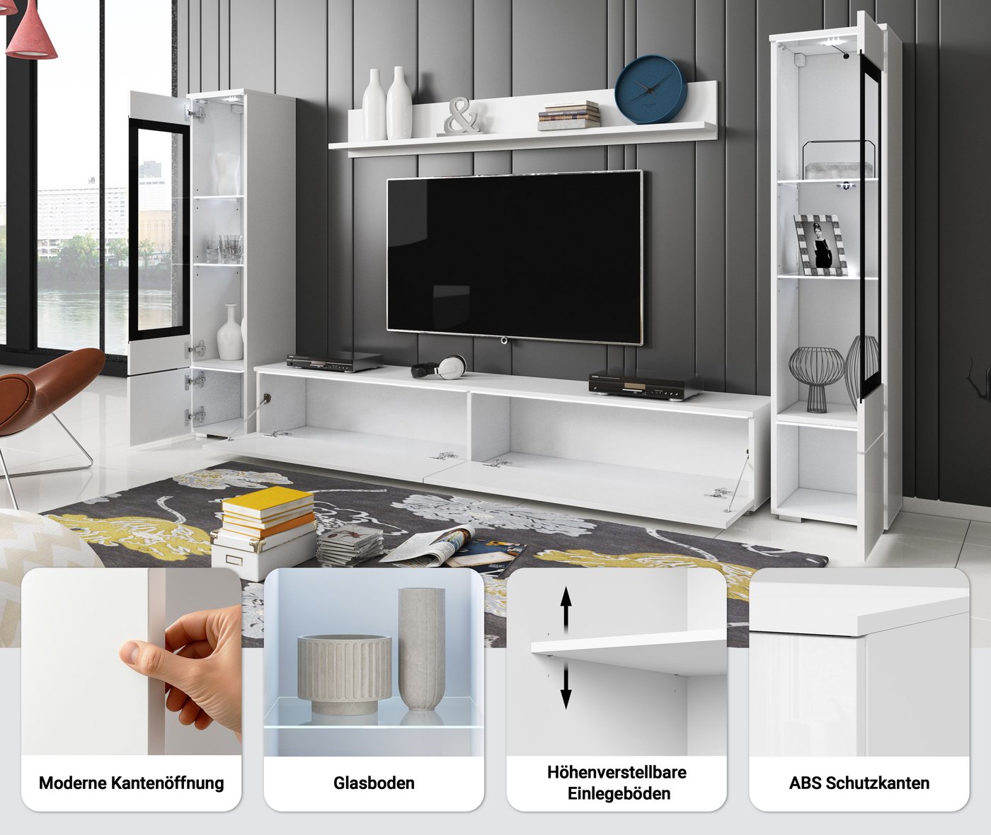 Home affaire Wohnwand VERA II, Vitrinen Türanschlag wechselbar, (Komplett-Set, 4-St), Mediawand 260 cm, Vitrine mit Verglasung, stehend und hängend – Bild 4 von 5
