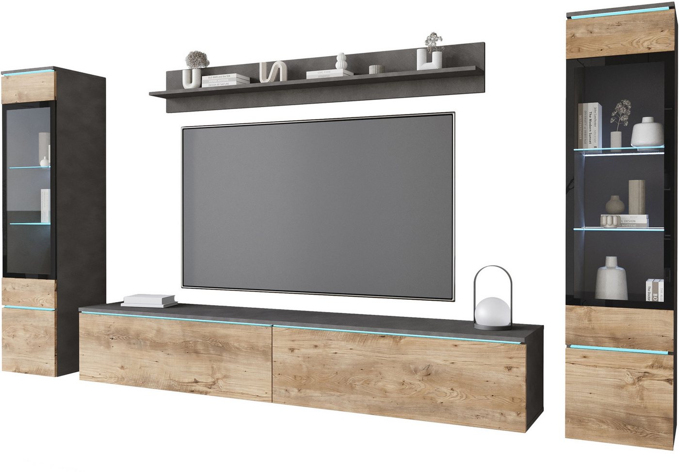 Home affaire Wohnwand VERA II, Vitrinen Türanschlag wechselbar, (Komplett-Set, 4-St), Mediawand 260 cm, Vitrine mit Verglasung, stehend und hängend – Bild 2 von 5