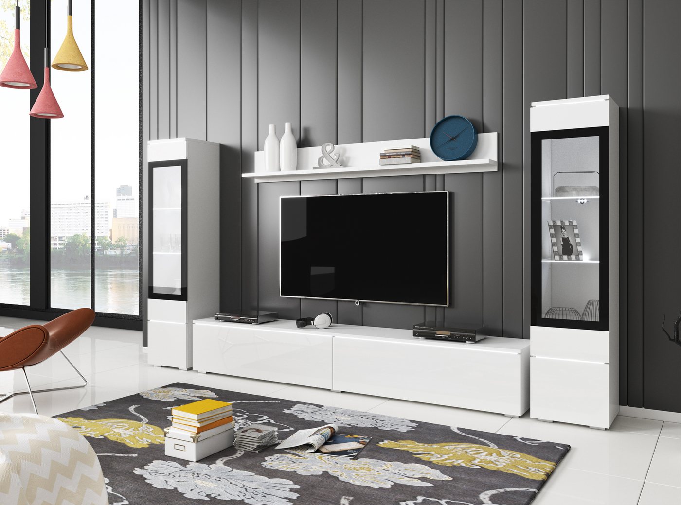 Home affaire Wohnwand VERA II, Vitrinen Türanschlag wechselbar, (Komplett-Set, 4-St), Vitrine mit Verglasung, stehend und hängend, inklusive Beleuchtung – Bild 5 von 5