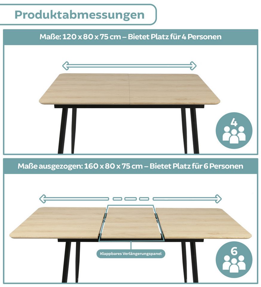 Home Collective Esstisch ausziehbar Moderner mit Metallgestell für 4 bis 6 Personen 75 cm hoch (mit integrierter Klappverlängerung für schnelles und einfaches A – Bild 5 von 5