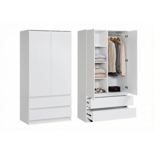 Home Collective Kleiderschrank mit 2 Türen, 3 Einlegeböden und 2 Schubkästen in Weiß (Schrank Garderobenschrank für Schlafzimmer, Kinderzimmer, Flur, Keller) Kl