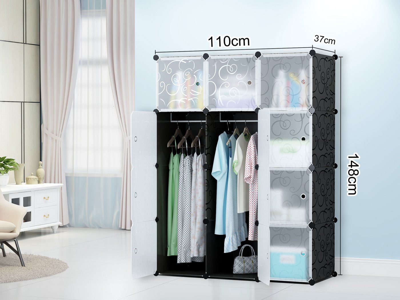Home Collective Kleiderschrank Modular, Kombischrank, Steckregal, 3kg Kammerkapazität 6 Regalen und 2 Kleiderstangen, Polypropylenplatten, schwarzes Muster – Bild 2 von 2