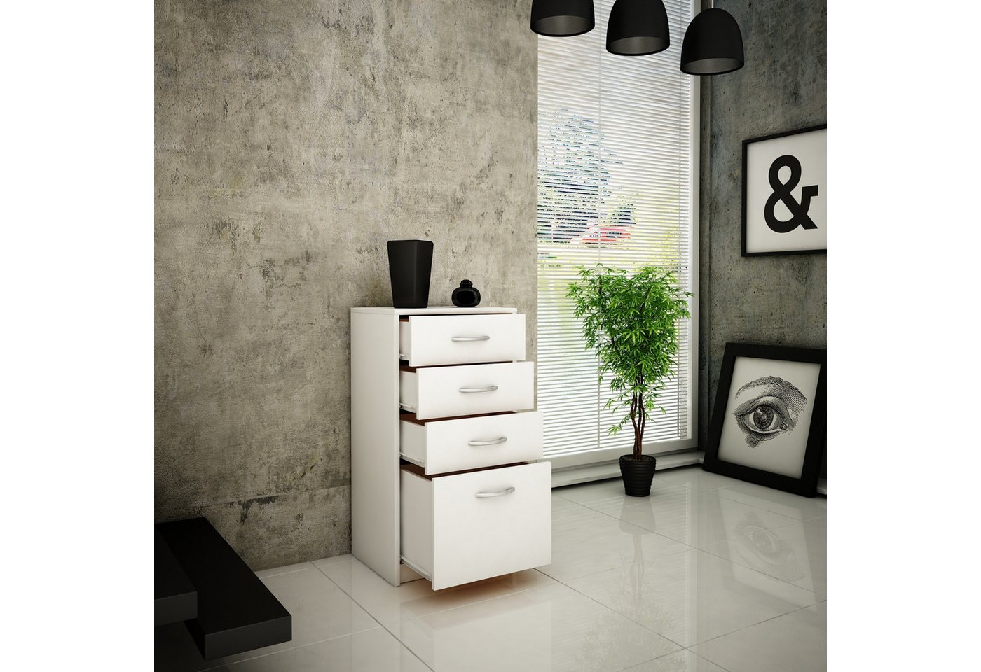 Home Collective Kommode mit 4 Schubladen mit matter Oberfläche, Kommode 45cm breit Holz (Schlafzimmer Wohnzimmer Flur Büro Organizer, Metallrollen mit Auszugsst – Bild 3 von 5