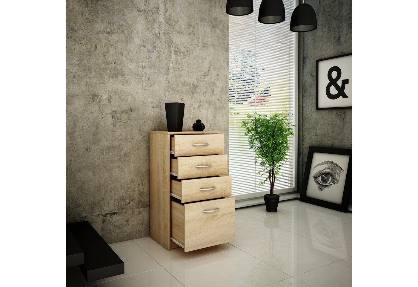 Home Collective Kommode mit 4 Schubladen mit matter Oberfläche, Kommode 45cm breit Holz (Schlafzimmer Wohnzimmer Flur Büro Organizer, Metallrollen mit Auszugsst – Bild 3 von 5