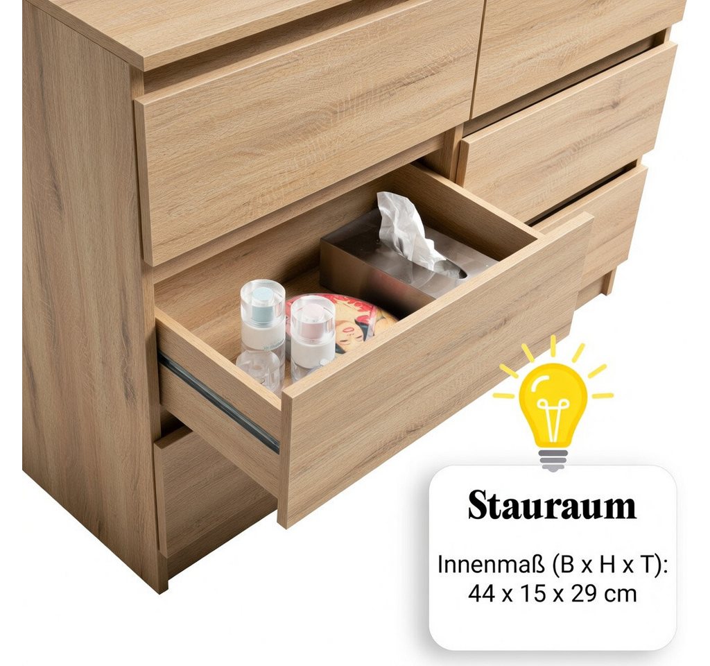 Home Collective Kommode mit 6 Schubladen 95, 120, 140, 160 cm breit Holz Schrank (Highboard Anrichte Schlafzimmer Wohnzimmer Flur Büro Organizer), Kommode 95 cm – Bild 5 von 5