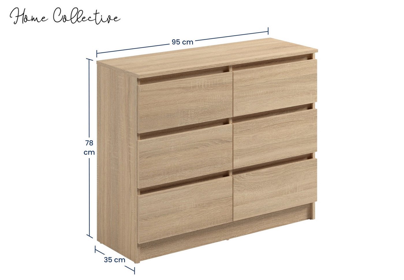 Home Collective Kommode mit 6 Schubladen 95, 120, 140, 160 cm breit Holz Schrank (Highboard Anrichte Schlafzimmer Wohnzimmer Flur Büro Organizer), Kommode 95 cm – Bild 3 von 5