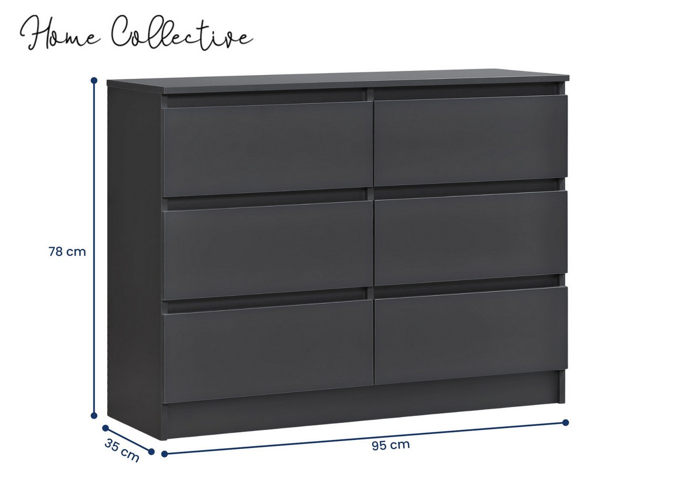 Home Collective Kommode mit 6 Schubladen 95, 120, 140, 160 cm breit Holz Schrank (Highboard Anrichte Schlafzimmer Wohnzimmer Flur Büro Organizer), Kommode 95 cm – Bild 3 von 5