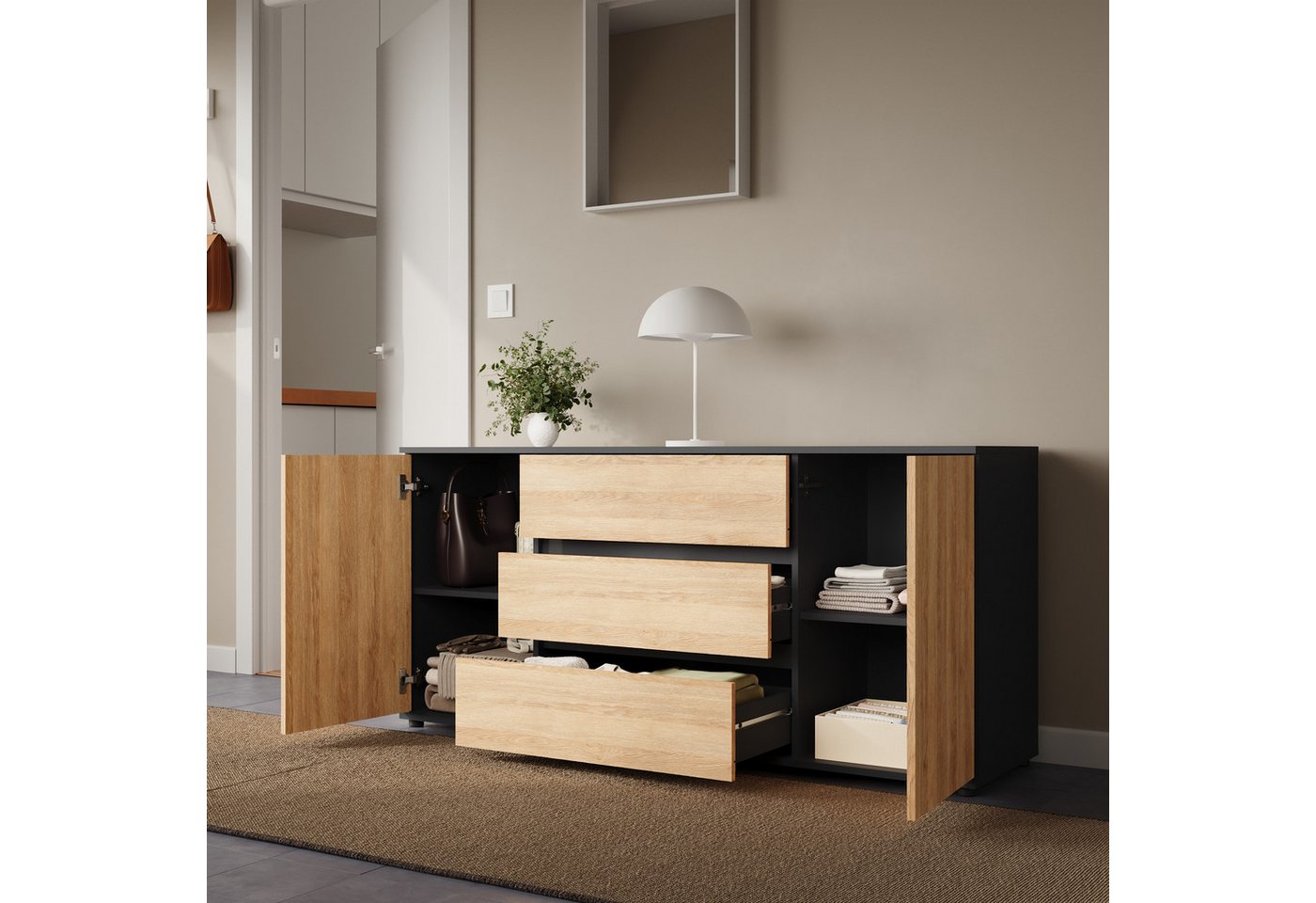 Home Collective Kommode Sideboard Kommode mit Schubladen Sideboard Wohnzimmer Anrichte (Sideboard Wohnzimmer Flur Kommode, modernes, griffloses Design), mit 2 T – Bild 3 von 4