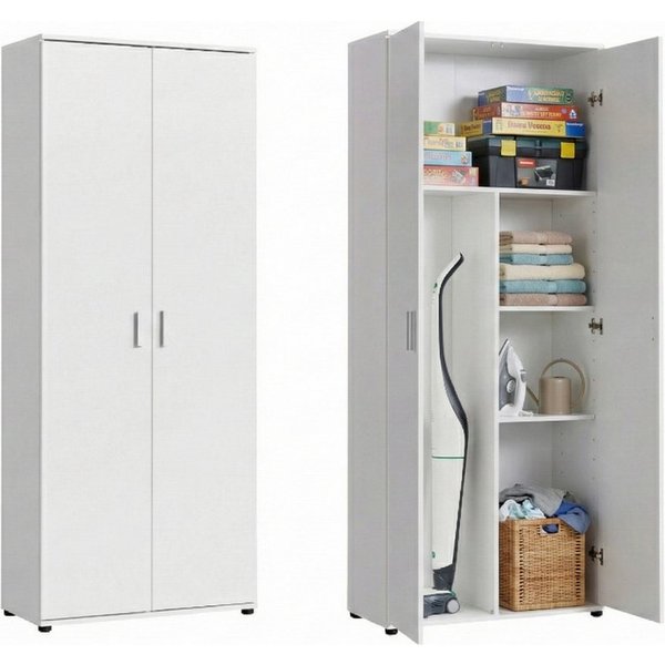 Home Collective Mehrzweckschrank 75 cm breit mit Einlegeböden 75x35x184 cm (BxTxH) Weiß mit 2 Einlegeböden und Fach für Staubsauger