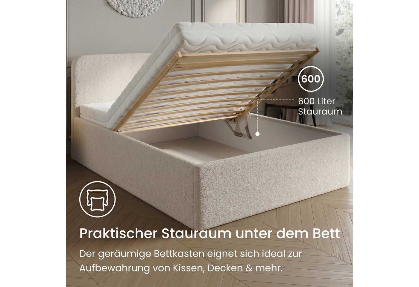 Home Collective Polsterbett Bett mit Stauraum, verstellbarem Lattenrost, viele Größen (Größen: 100x200 120x200 140x200 160x200 180x200 200x200, trendiger Bouclé – Bild 3 von 5