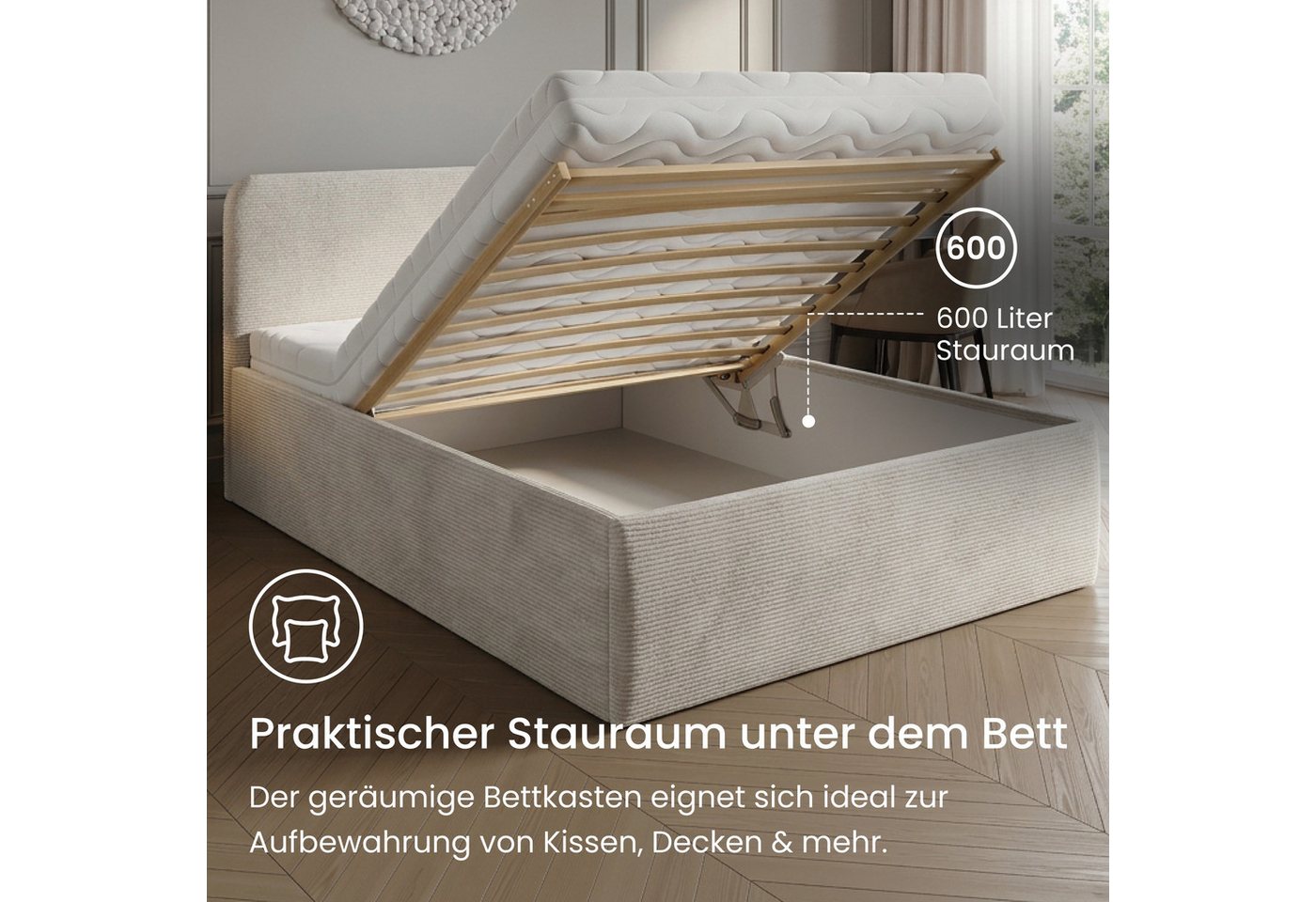 Home Collective Polsterbett Bett mit Stauraum, verstellbarem Lattenrost, viele Größen (Größen: 100x200 120x200 140x200 160x200 180x200 200x200, hochwertiger Kor – Bild 4 von 5
