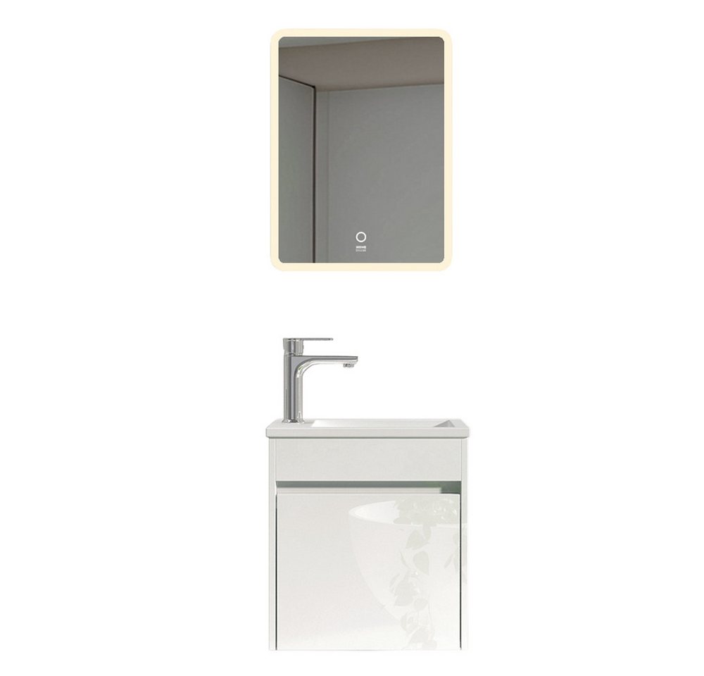 HOME DELUXE Badmöbel-Set BORKUM, (bestehend aus LED-Spiegel, Keramik-Waschbecken, Waschbeckenschrank), Hochglanz-Oberfläche, Soft-Close, Badezimmerset, Badmöbel – Bild 2 von 5