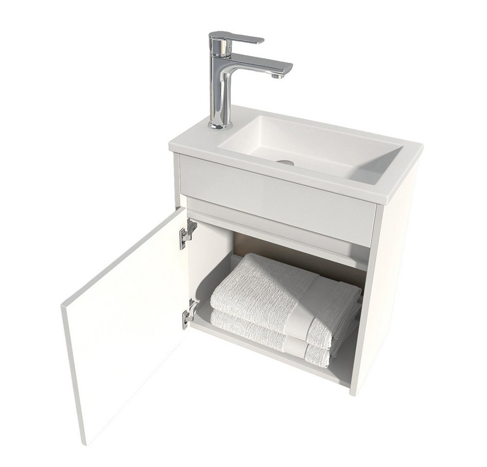 HOME DELUXE Badmöbel-Set BORKUM, (bestehend aus LED-Spiegel, Keramik-Waschbecken, Waschbeckenschrank), Hochglanz-Oberfläche, Soft-Close, Badezimmerset, Badmöbel – Bild 3 von 5