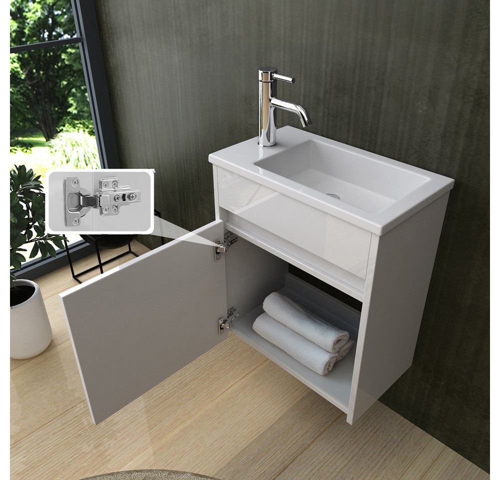 HOME DELUXE Badmöbel-Set BORKUM, (bestehend aus LED-Spiegel, Keramik-Waschbecken, Waschbeckenschrank), Hochglanz-Oberfläche, Soft-Close, Badezimmerset, Badmöbel – Bild 4 von 5