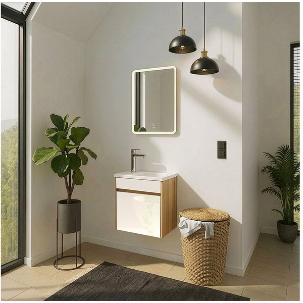 HOME DELUXE Badmöbel-Set BORKUM, (bestehend aus LED-Spiegel, Keramik-Waschbecken, Waschbeckenschrank), Hochglanz-Oberfläche, Soft-Close, Badezimmerset, Badmöbel