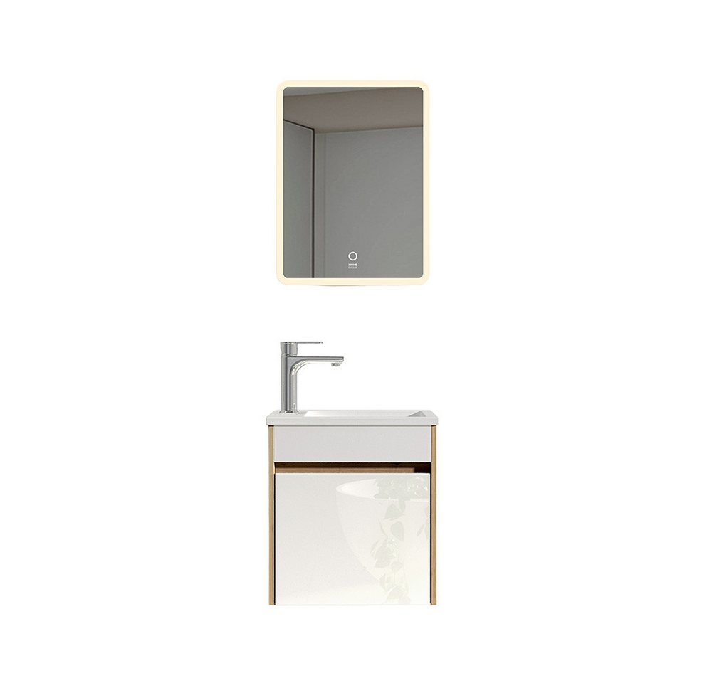 HOME DELUXE Badmöbel-Set BORKUM, (bestehend aus LED-Spiegel, Keramik-Waschbecken, Waschbeckenschrank), Hochglanz-Oberfläche, Soft-Close, Badezimmerset, Badmöbel – Bild 2 von 5