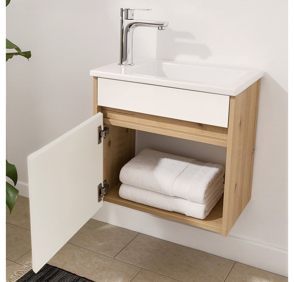 HOME DELUXE Badmöbel-Set BORKUM, (bestehend aus LED-Spiegel, Keramik-Waschbecken, Waschbeckenschrank), Hochglanz-Oberfläche, Soft-Close, Badezimmerset, Badmöbel – Bild 3 von 5