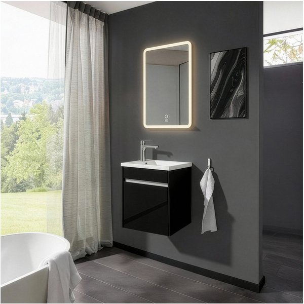 HOME DELUXE Badmöbel-Set BORKUM, (bestehend aus LED-Spiegel, Keramik-Waschbecken, Waschbeckenschrank), Hochglanz-Oberfläche, Soft-Close, Badezimmerset, Badmöbel