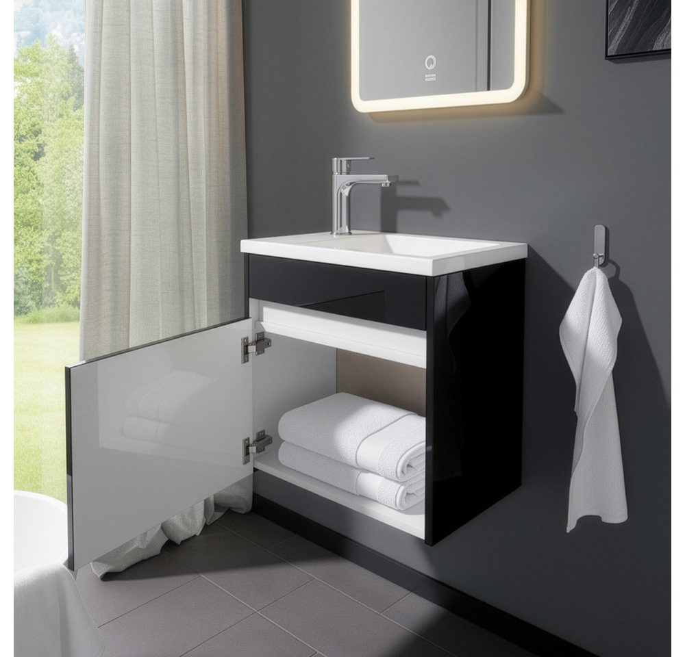 HOME DELUXE Badmöbel-Set BORKUM, (bestehend aus LED-Spiegel, Keramik-Waschbecken, Waschbeckenschrank), Hochglanz-Oberfläche, Soft-Close, Badezimmerset, Badmöbel – Bild 3 von 5