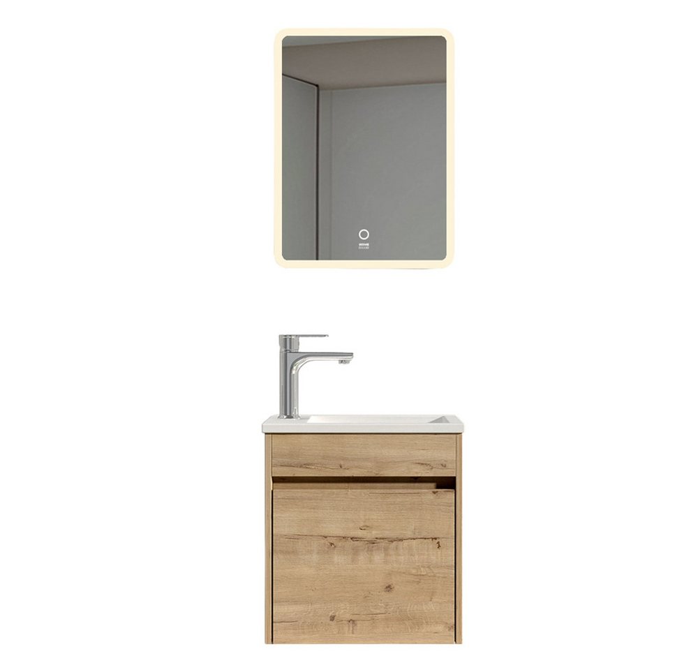 HOME DELUXE Badmöbel-Set BORKUM, (bestehend aus LED-Spiegel, Keramik-Waschbecken, Waschbeckenschrank), Hochglanz-Oberfläche, Soft-Close, Badezimmerset, Badmöbel – Bild 2 von 5