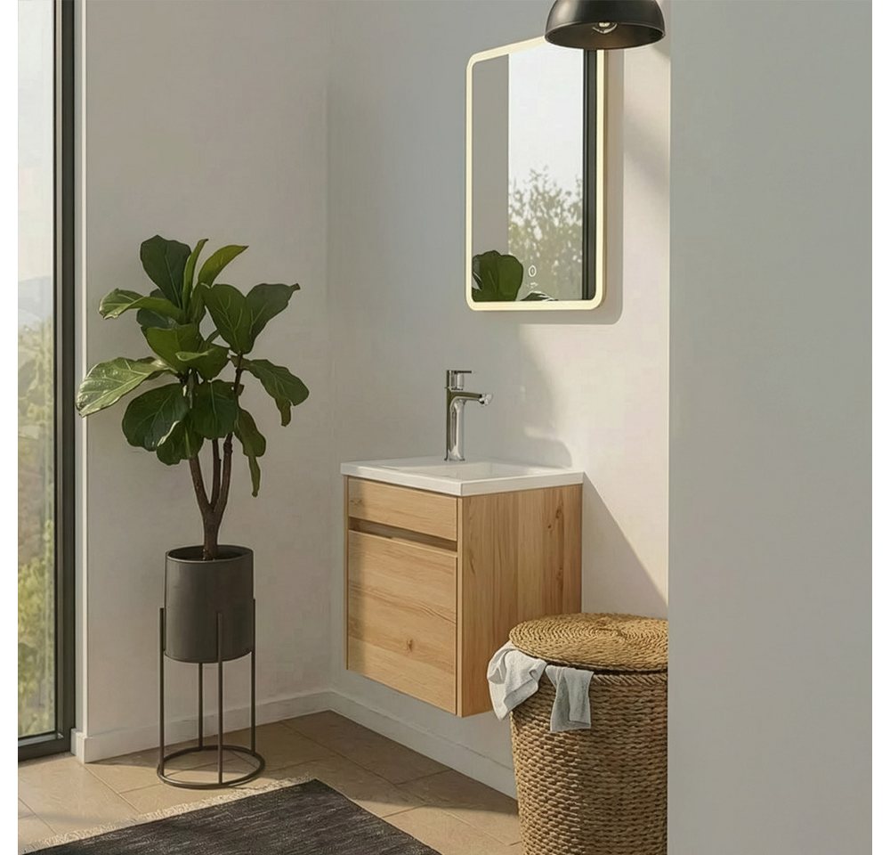 HOME DELUXE Badmöbel-Set BORKUM, (bestehend aus LED-Spiegel, Keramik-Waschbecken, Waschbeckenschrank), Hochglanz-Oberfläche, Soft-Close, Badezimmerset, Badmöbel – Bild 3 von 5