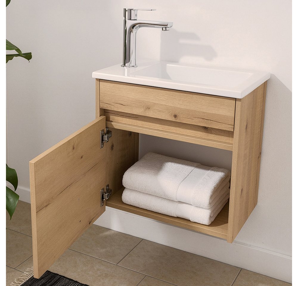 HOME DELUXE Badmöbel-Set BORKUM, (bestehend aus LED-Spiegel, Keramik-Waschbecken, Waschbeckenschrank), Hochglanz-Oberfläche, Soft-Close, Badezimmerset, Badmöbel – Bild 4 von 5