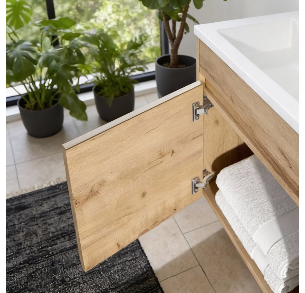 HOME DELUXE Badmöbel-Set BORKUM, (bestehend aus LED-Spiegel, Keramik-Waschbecken, Waschbeckenschrank), Hochglanz-Oberfläche, Soft-Close, Badezimmerset, Badmöbel – Bild 5 von 5