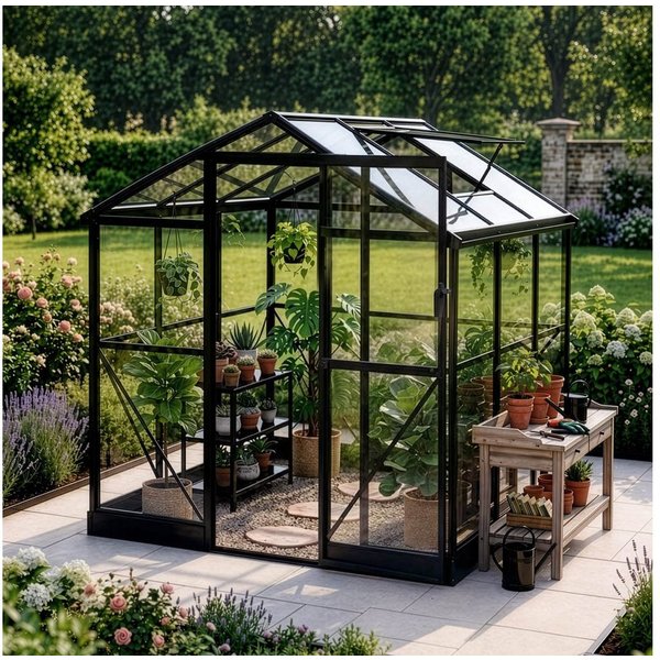 HOME DELUXE Gewächshaus inkl. Fundament ALBORA, BxTxH: 184 x 184 x 203 cm, 2 mm Wandstärke, Polycarbonatplatten, inkl. Regenrinnen mit Auslass & Dachlüftung