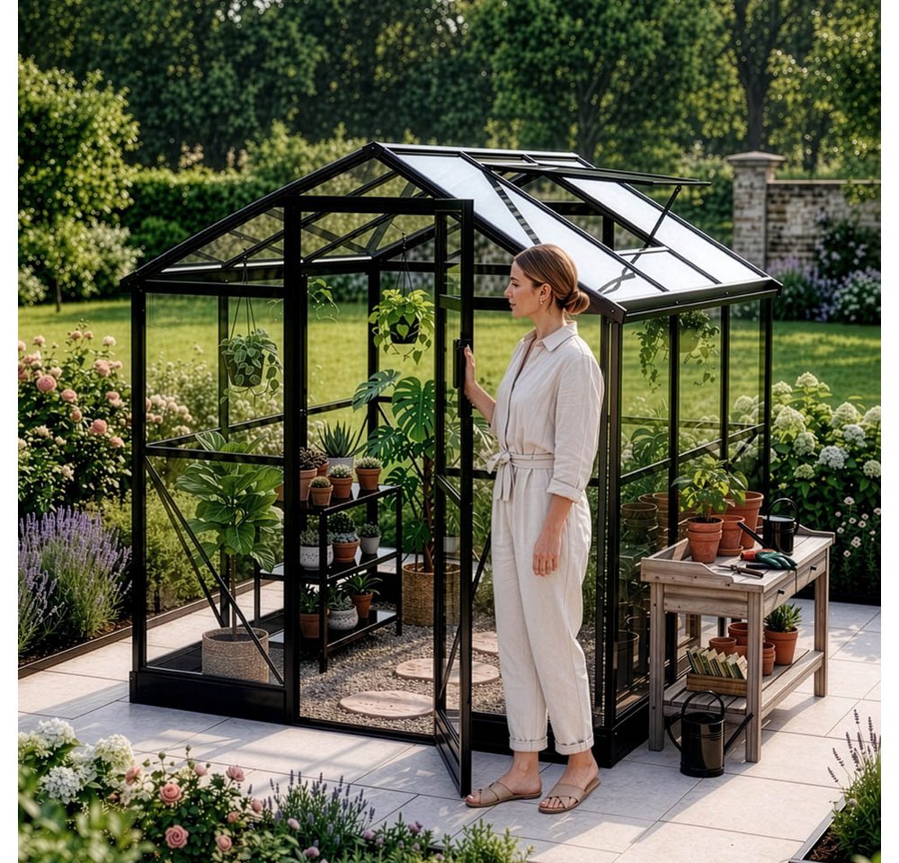 HOME DELUXE Gewächshaus inkl. Fundament ALBORA, BxTxH: 184 x 184 x 203 cm, 2 mm Wandstärke, Polycarbonatplatten, inkl. Regenrinnen mit Auslass & Dachlüftung – Bild 3 von 5